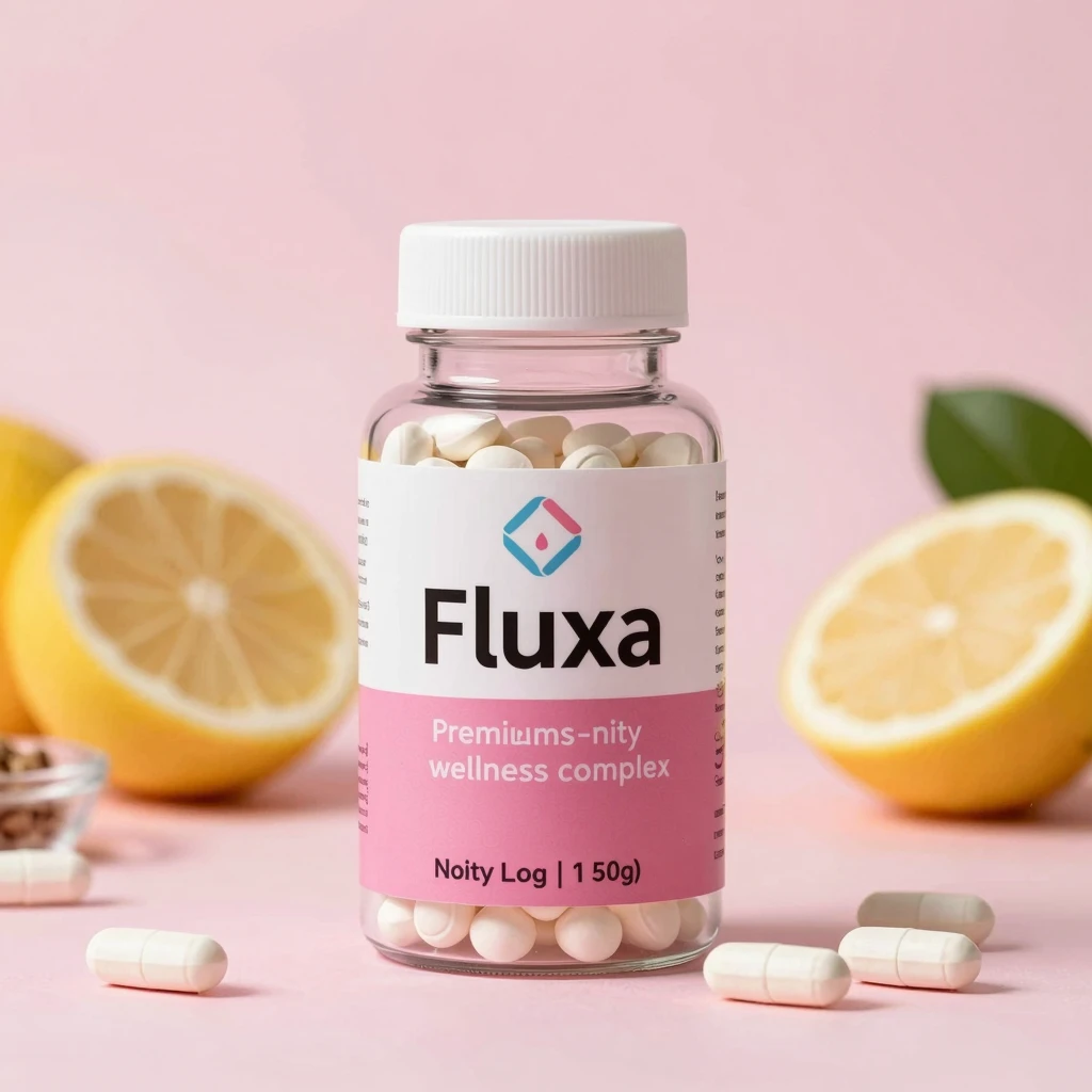 Fluxa supplement bottle with gradient label and soft glow