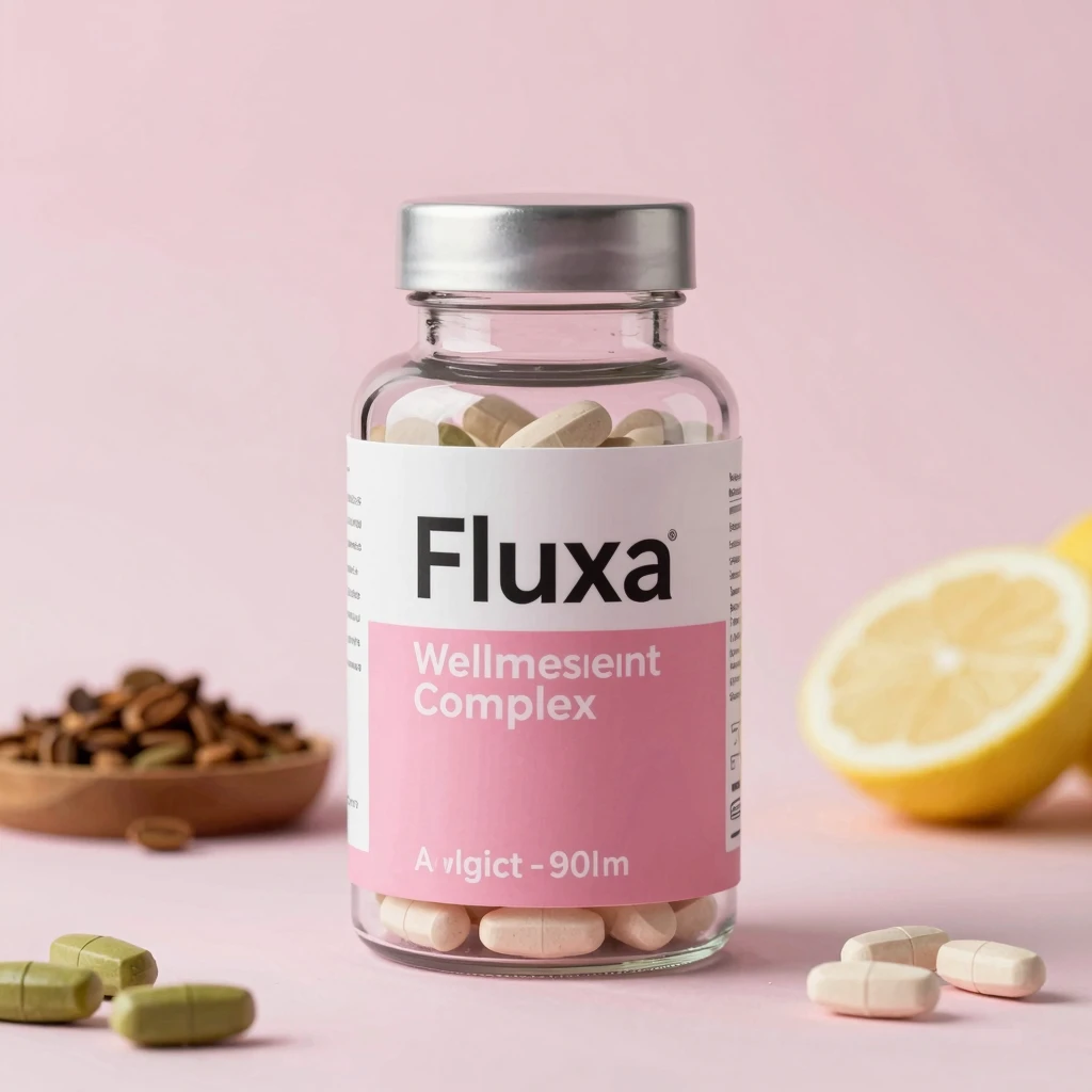 Artistic depiction of Fluxa capsules beside botanical accents